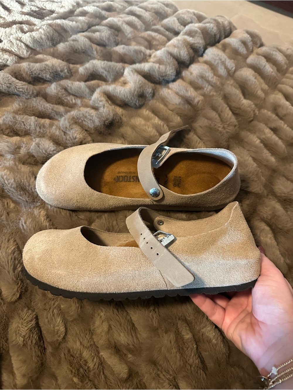 Birkenstock Taupe Suede Mary Jane Flats with Buckle Strap (Mantova)